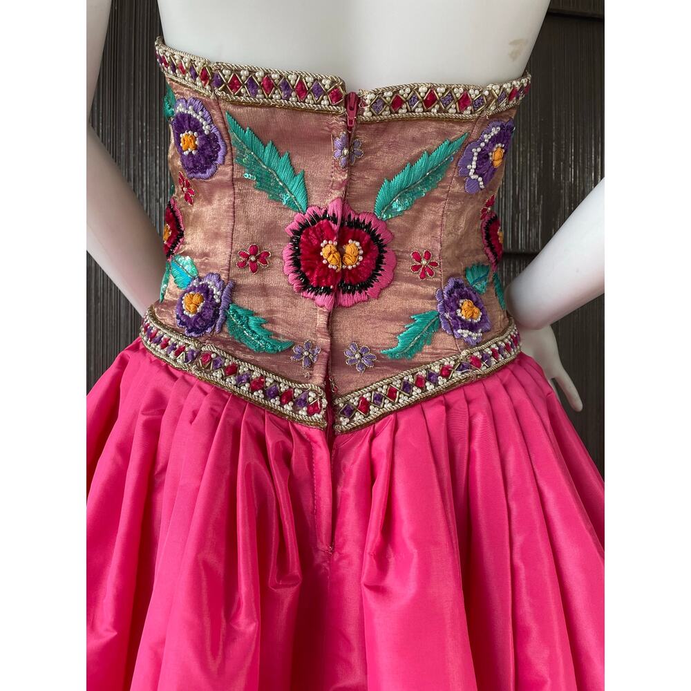 🔥80s Victor Costa Sequin Embroider Strapless Barbiecore Taffeta Pink Ball Gown - Picture 8 of 17